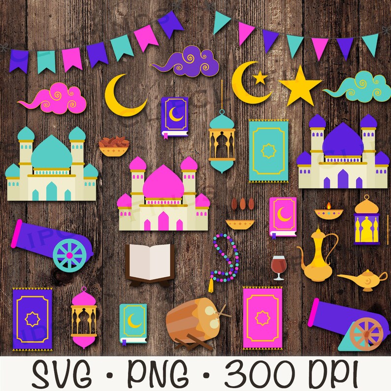 May include: A set of colourful digital clipart featuring Islamic symbols and decorations. The set includes a mosque, crescent moons, stars, clouds, prayer rugs, lanterns, a cannon, a book, a drum, and a genie lamp. The clipart is perfect for creating invitations, cards, and other crafts.