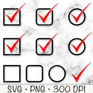May include: Set of nine black checkmarks with red fills.  The checkmarks are in three different shapes: square, square with rounded corners, and circle.  The checkmarks are on a white marble background.