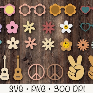 Hippiebundel illustraties, Groovy, madeliefjebloemen, vrede, gitaar, SVG, PNG, instant digitale download