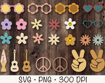 Hippie Bundle Clip Art, Groovy, Gänseblümchen Blumen, Peace, Gitarre, SVG, PNG, sofortiger digitaler Download