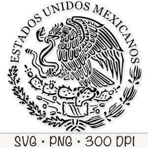 May include: Black and white illustration of the Coat of Arms of Mexico. The image features an eagle perched on a cactus with a snake in its beak. The text "ESTADOS UNIDOS MEXICANOS" surrounds the eagle.