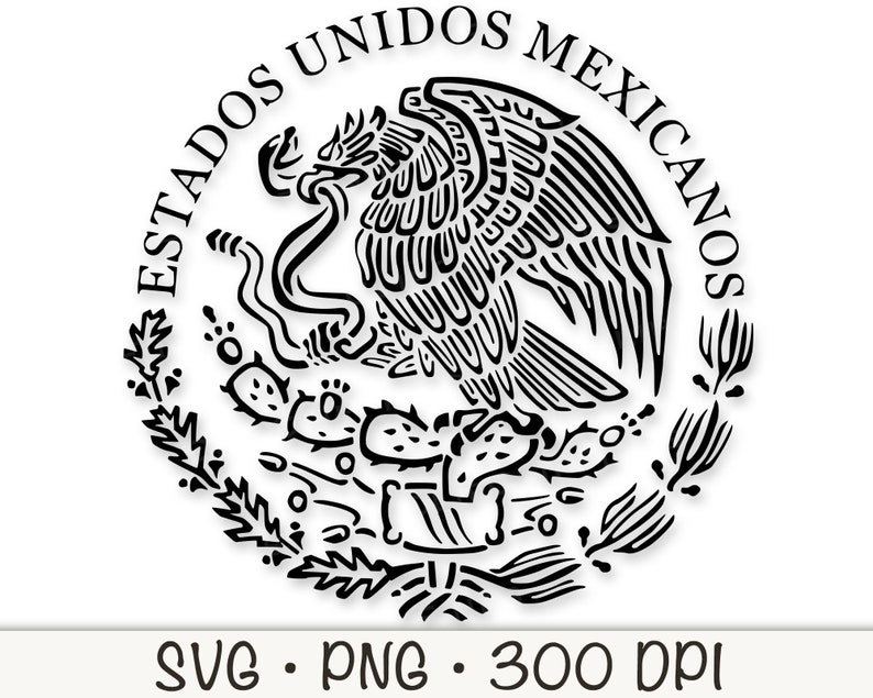 May include: Black and white illustration of the Coat of Arms of Mexico. The image features an eagle perched on a cactus with a snake in its beak. The text "ESTADOS UNIDOS MEXICANOS" surrounds the eagle.