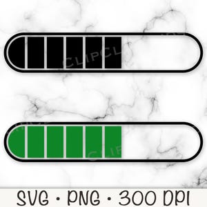 May include: Two digital battery charge indicators, one black and one green, with a white marble background. The black indicator shows a low charge, while the green indicator shows a high charge. The image includes the text "SVG • PNG • 300 DPI".