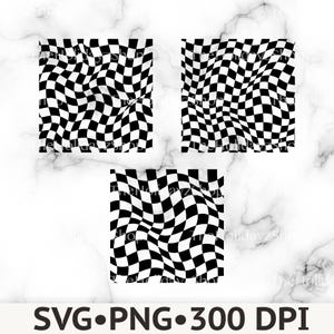 May include: Three square digital graphics featuring a black and white checkered pattern with a distorted, wavy, or warped effect. The designs are presented as high-resolution files, specifically labeled as SVG and PNG formats at 300 DPI resolution.