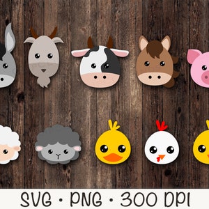 Caras de animais de fazenda, animais de fazenda fofos, animais bebês, cobertura de cupcake de bolo, SVG, PNG, download digital instantâneo