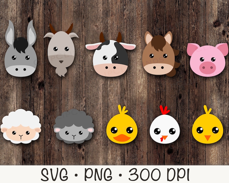 May include: A set of ten farm animal head cutouts, including a donkey, goat, cow, horse, pig, sheep, black sheep, chick, rooster, and a yellow chick. The cutouts are all in a cartoon style with simple features and bright colors.