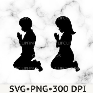 May include: Black silhouette of a boy and a girl kneeling in prayer, hands clasped. The figures are set against a white marble-patterned background. The bottom of the image includes the text "SVG • PNG • 300 DPI".