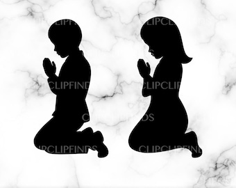 Bambino in preghiera SVG, Bambina in preghiera SVG, Bambino inginocchiato in preghiera PNG, Santa Comunione, Cresima, Battesimo, Vettoriale, File digitale scaricabile