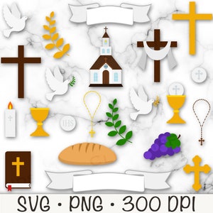 Lot première communion, PNG SVG, église, calice, pain sacré, Bible, chapelet, croix du calvaire, corps du Christ, téléchargement immédiat