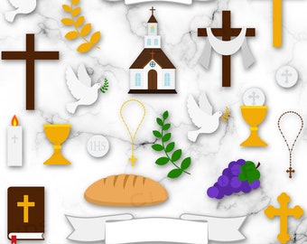 Erstkommunion-Bundle, SVG PNG, Kirche, Kelch, Heiliges Brot, Bibel, Rosenkranz, Kalvarienbergkreuz, Leib Christi, sofortiger digitaler Download