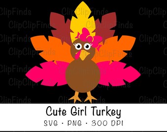 Cute Girl Thanksgiving Turkey SVG Vector File and PNG Transparent Background Clip Art Instant Download