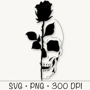 May include: Black and white silhouette of a skull with a rose growing out of the top of its head.