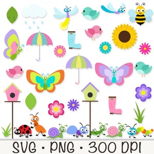 Cute Spring Animals Clipart, Spring SVG, Rain Boots, Sunflower, Bee ...
