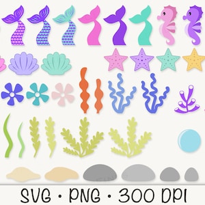 May include: A set of colorful mermaid tail, seashell, starfish, seaweed, and other ocean-themed SVG and PNG digital clip art images.  The images are perfect for crafting, scrapbooking, and other creative projects.
