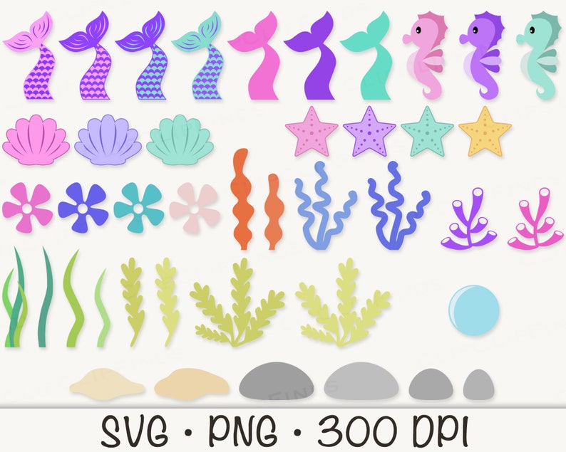 May include: A set of colorful mermaid tail, seashell, starfish, seaweed, and other ocean-themed SVG and PNG digital clip art images.  The images are perfect for crafting, scrapbooking, and other creative projects.