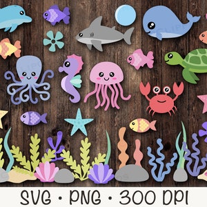 Cute Sea Animals SVG, Ocean Sea Animals PNG Clipart, Starfish, Whale, Octopus, Shark, Fish, Clam, Turtle, Seaweed, Sea Algae, Seahorse image 1