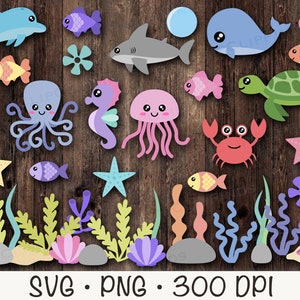 Lindos animales marinos SVG, animales marinos del océano PNG Clipart, estrellas de mar, ballenas, pulpos, tiburones, peces, almejas, tortugas, algas marinas, caballitos de mar