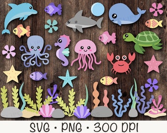 Cute Sea Animals SVG, Ocean Sea Animals PNG Clipart, Starfish, Whale, Octopus, Shark, Fish, Clam, Turtle, Seaweed, Sea Algae, Seahorse