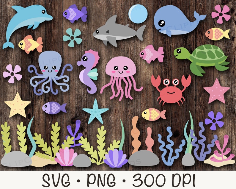 Cute Sea Animals SVG, Ocean Sea Animals PNG Clipart, Starfish, Whale, Octopus, Shark, Fish, Clam, Turtle, Seaweed, Sea Algae, Seahorse image 1