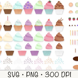 DIY personnalisable Cupcake Clipart, Cupcake SVG, PNG cupcakes pastel, Cupcake avec des paillettes et des bougies, anniversaire, téléchargement numérique instantané