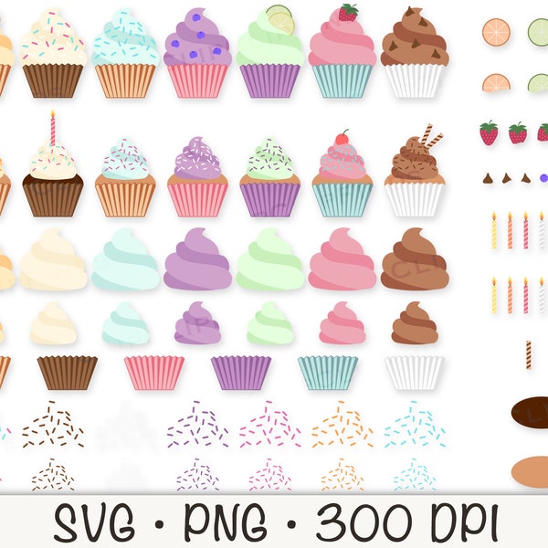 Customizable DIY Cupcake Clipart, Cupcake SVG, Pastel Cupcakes PNG, Cupcake with Sprinkles and Candle, Birthday, Instant Digital Download