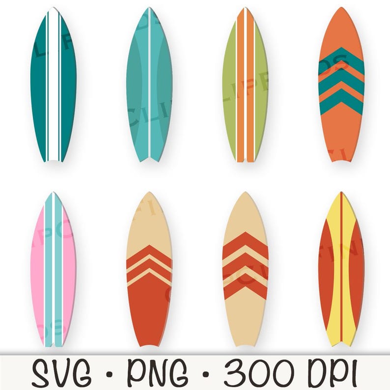 May include: Set of eight colorful surfboard illustrations with various patterns, including stripes, chevron, and solid colors.  SVG and PNG format, 300 DPI.