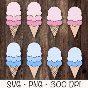 May include: Eight colorful ice cream cone cutouts in pink and blue hues. The ice cream scoops are layered, with a waffle cone base. The image includes the text "SVG • PNG • 300 DPI".