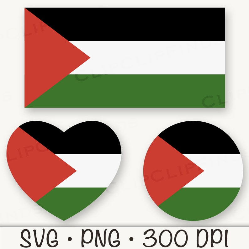 May include: Three different versions of the Palestinian flag. The first is a rectangular flag with the colours black, white, green, and red. The second is a heart-shaped flag with the same colours. The third is a circular flag with the same colours. All three flags have the same design, which is a red triangle pointing to the right on a white stripe between a black stripe and a green stripe.
