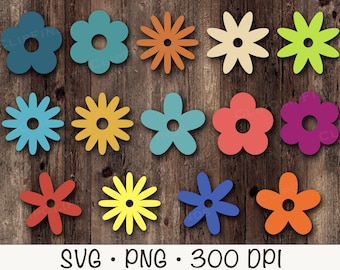 レトロなデイジーの花のクリップアートバンドル：Groovy SVG、PNG（デジタルダウンロード）