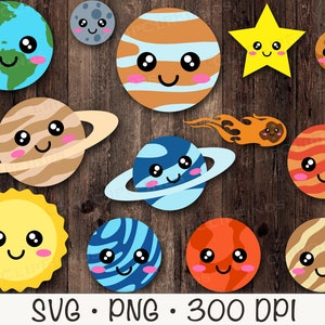 Kawaii Planeten, süße Planeten mit Gesichtern, Sonnensystem, Galaxie, aus dem Weltraum Clipart, SVG, PNG, sofortiger digitaler Download