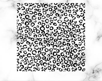 May include: A square digital graphic file featuring a repeating black leopard print pattern on a white background. The design consists of various irregular, open-ended circular shapes and spots, presented as a high-resolution SVG and PNG file at 300 DPI.