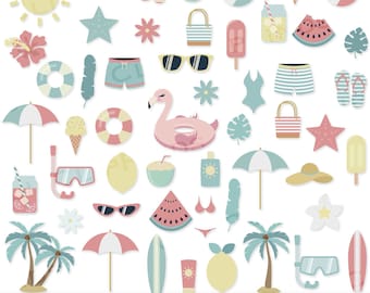 Summer Clipart, Cute Summer Clipart PNG Bundle, Minimalist, Surfboard, Beach Umbrella, Coconut Drink, Sunglasses, Beach Ball, Goggles, Swim