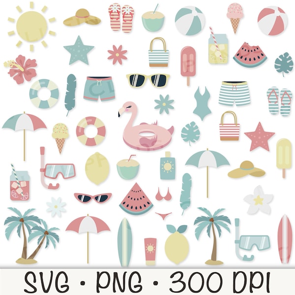 Summer Clipart, Cute Summer Clipart PNG Bundle, Minimalist, Surfboard, Beach Umbrella, Coconut Drink, Sunglasses, Beach Ball, Goggles, Swim