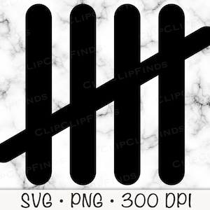 May include: Black and white graphic of the number four, represented by four vertical lines with a diagonal line crossing through them.