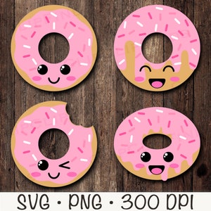 May include: Four pink and brown donut shaped designs with different facial expressions. The donuts have pink frosting and white sprinkles.