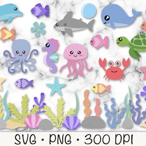 Cute Sea Animals SVG, Ocean Sea Animals PNG Clipart, Starfish, Whale, Octopus, Shark, Fish, Clam, Turtle, Seaweed, Sea Algae, Seahorse image 6