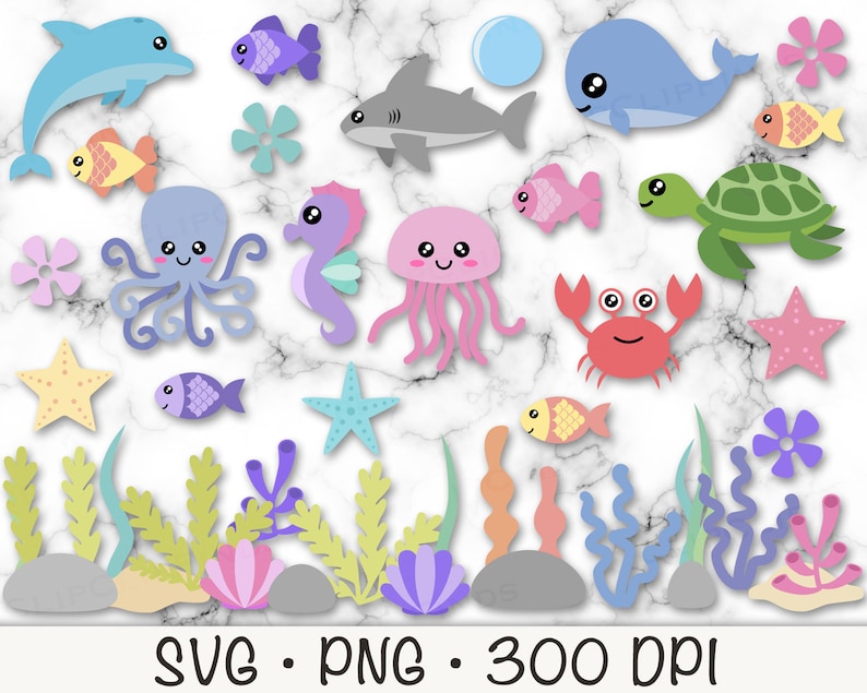 Cute Sea Animals SVG, Ocean Sea Animals PNG Clipart, Starfish, Whale, Octopus, Shark, Fish, Clam, Turtle, Seaweed, Sea Algae, Seahorse image 6