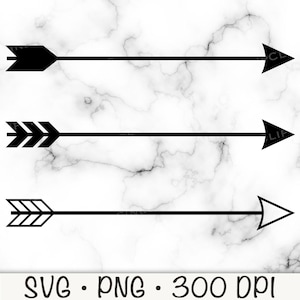 May include: Three black arrow designs on a white and gray marble background. Each arrow has a different arrowhead style. The bottom of the image includes the text "SVG • PNG • 300 DPI".
