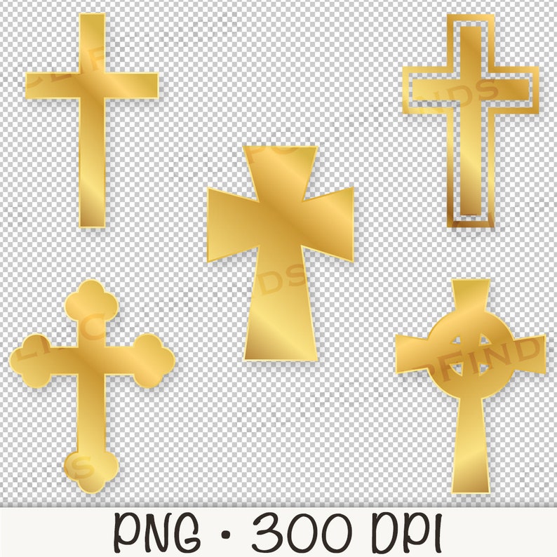 May include: Five gold crosses with different designs. The crosses are isolated on a transparent background.
