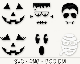 Halloween Faces | Mummy | Pumpkin | Frankenstein | Ghost | Dracula | Girl Pumpkin, SVG Cut Files, PNG, Instant Download