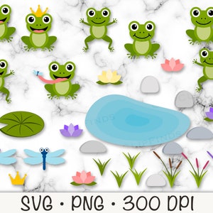 May include: A set of green frog illustrations with a crown, lily pads, dragonflies, and a pond. The illustrations are perfect for crafting projects, scrapbooking, or digital design.