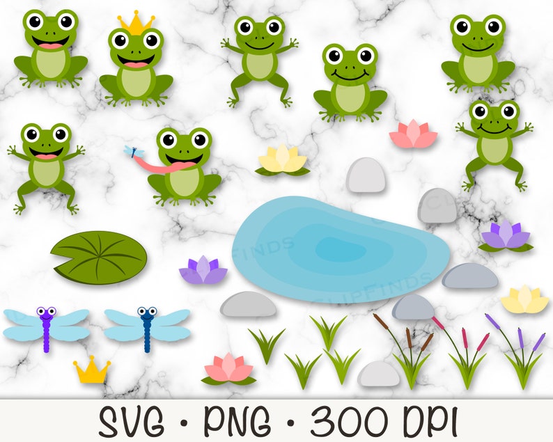 May include: A set of green frog illustrations with a crown, lily pads, dragonflies, and a pond. The illustrations are perfect for crafting projects, scrapbooking, or digital design.