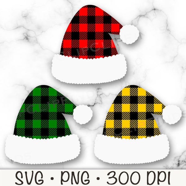 Buffalo Plaid Santa Hat Bundle Green, Red, Yellow SVG Vector Cut File and PNG Transparent Background Clip Art