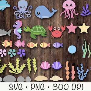 Cute Sea Animals SVG, Ocean Sea Animals PNG Clipart, Starfish, Whale, Octopus, Shark, Fish, Clam, Turtle, Seaweed, Sea Algae, Seahorse image 2