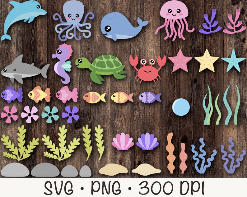 Cute Sea Animals SVG, Ocean Sea Animals PNG Clipart, Starfish, Whale, Octopus, Shark, Fish, Clam, Turtle, Seaweed, Sea Algae, Seahorse image 2