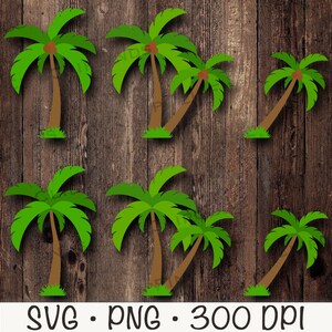 May include: A set of eight green palm tree illustrations with brown trunks and coconuts. The trees are on a wood background.