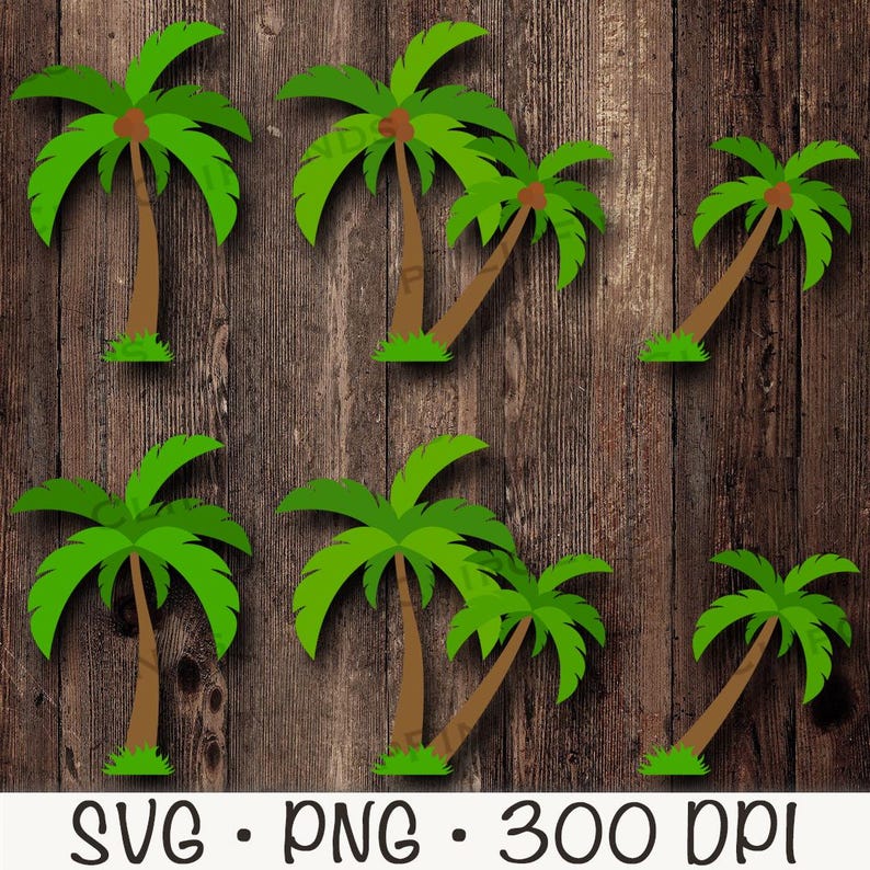 May include: A set of eight green palm tree illustrations with brown trunks and coconuts. The trees are on a wood background.