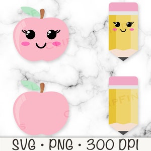 Manzana y lápiz SVG, Lápiz escolar SVG, Apple del profesor Svg, Kawaii lindo, Cara linda, Lápiz de niña, Manzana de niña, Pestañas, Descarga digital