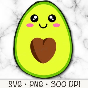 May include: A cartoon avocado with a heart-shaped pit and a smiling face. The avocado is green with a brown pit and pink cheeks.