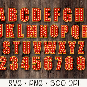 Letras y números de marquesina roja, casino, circo, películas, cine, SVG, PNG, imágenes prediseñadas, descarga digital instantánea